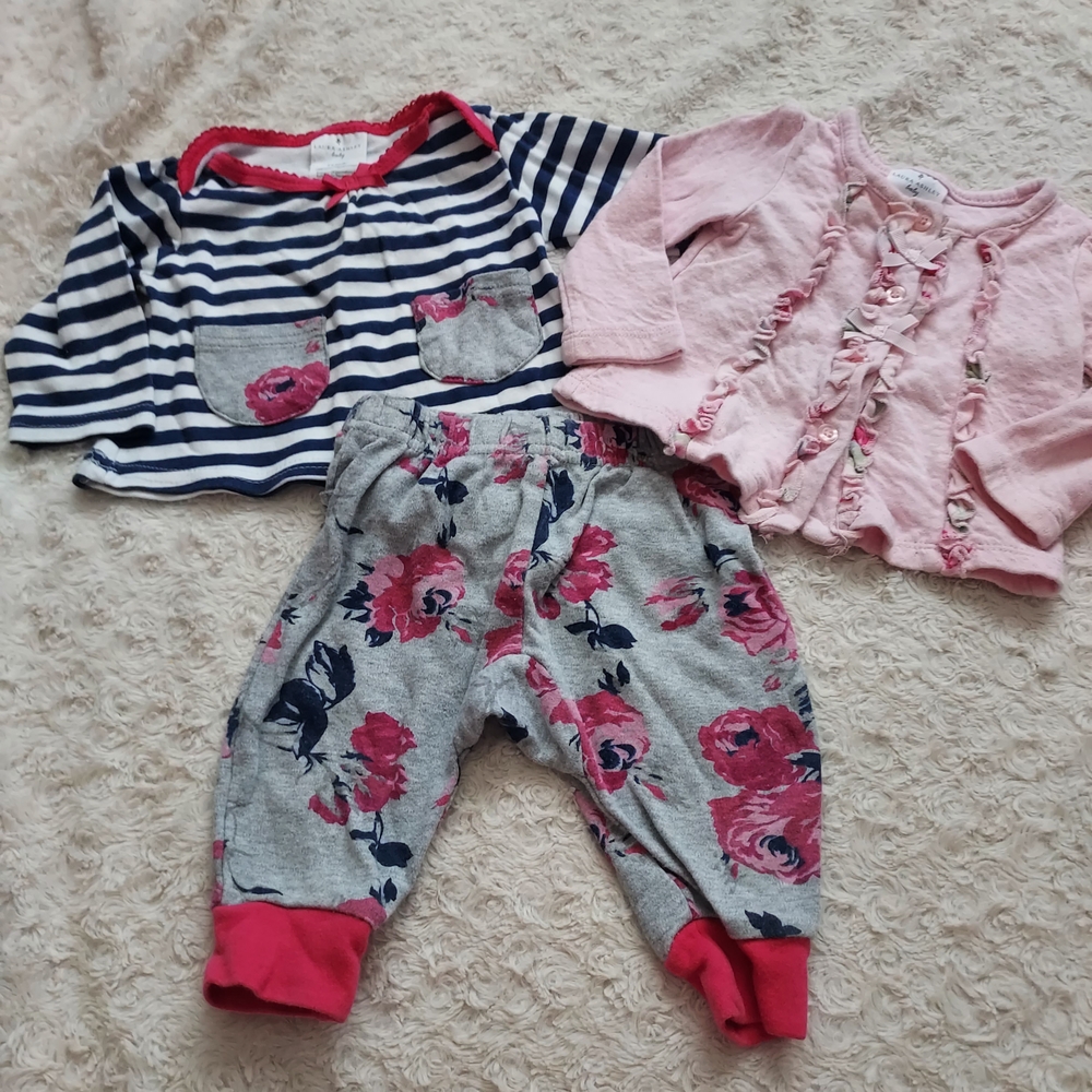 Laura Ashley Cotton Floral & Striped Baby Outfit Set 3-6mo Bundle Cool Weather